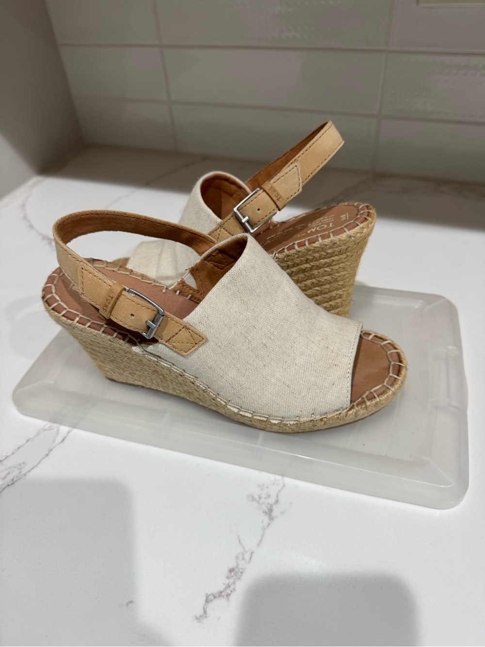 Toms Linen Espadrille Wedge Sandals in Cream and Tan